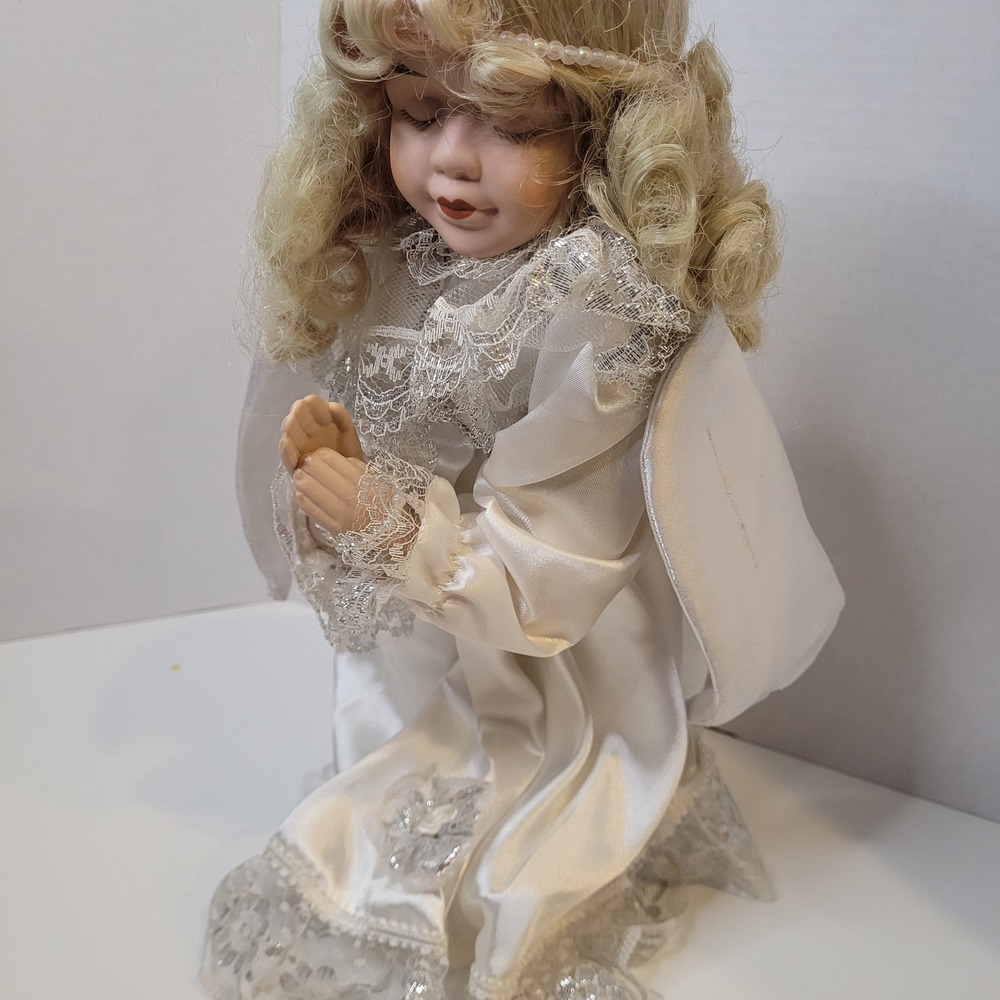 Vintage Porcelain Kneeling Praying Angel Doll White Satin Lace Silver Trim 12in